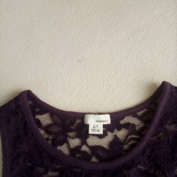 Garage Brand Mini Skater Dress Lace Eggplant Color Sheer Neck and Waist size XS - Picture 5 of 7